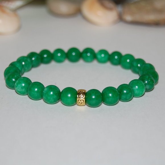 Jade Bracelet,Green Jade Bracelet,Golden Charm Jade Bracelet,8mm Beads - Picture 2 of 3